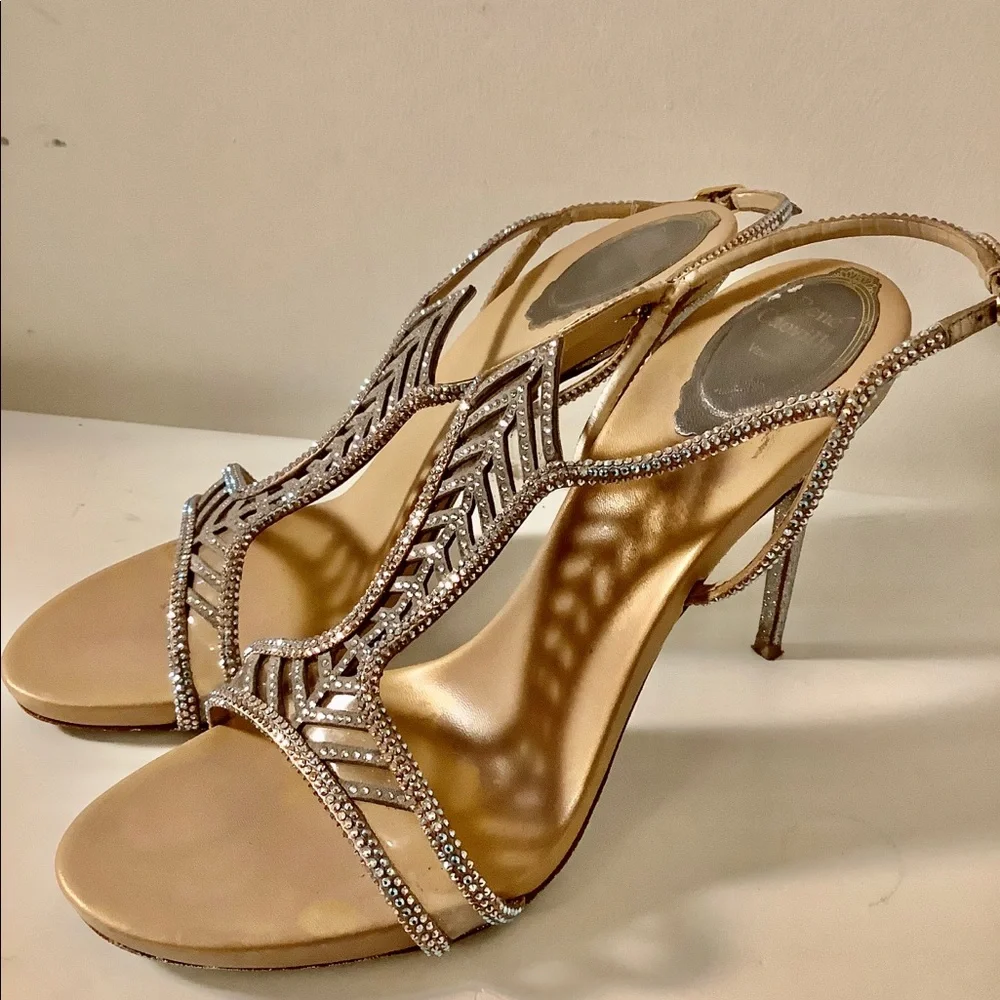 Rene Caovilla Crystal Chevron T Strap Rhinestone Jeweled Slingback Sandals - Picture 1 of 9